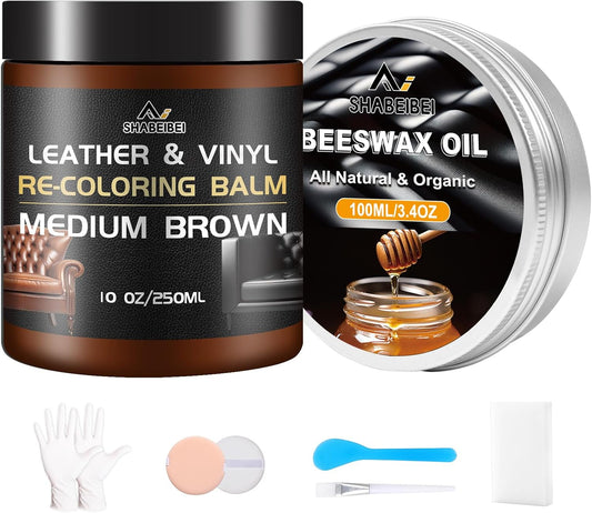 Leather Repair Kit Recoloring Balm Cleaner Conditioner Waterproof Beeswax Oil for Car Seat Furniture Couch Shoe Leather Vinyl(Medium Brown)