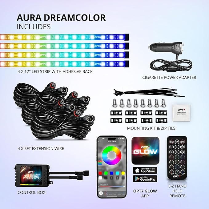 OPT7 Aura DreamColor RGB-IC LED Car Interior Light Strips, 4PC Interior Ambient Lighting Kit, Color Chasing Light Kit w/APP Control & Wireless Remote, Universal for Vehicles SUV Trucks Pickups Van