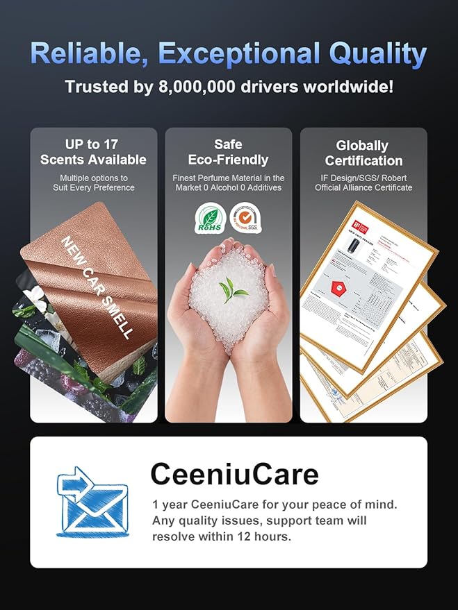 Ceeniu Smart Car Air Fresheners, New Smell Experience By Ultrasonic mist, Auto On/Off, Powerful Built-in Battery, Natural Fragrance, Adjustable Car freshener, Cologne Scent