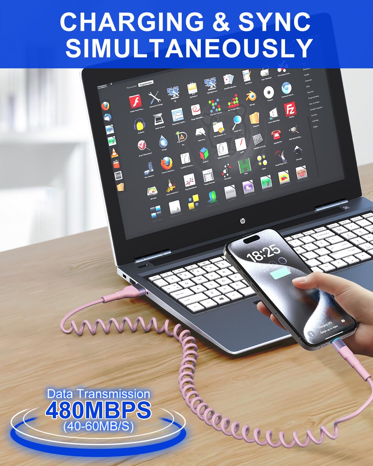 Pink Car Charger Cable - Coiled Lightning Cable for Apple CarPlay with 480Mbps Data Sync LED [MFi Certified], Fast Charging Short USB to Lightning Pink Retractable iPhone Charger Cord for Car