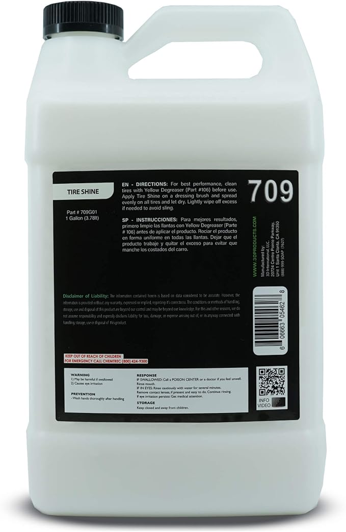 3D Tire Shine Gel – Water-Based, High Gloss Tire Dressing | Non-Greasy, Long Lasting Finish for Rubber, Trim & Vinyl | Easy Gel Application | Car Detailing |1 Gallon