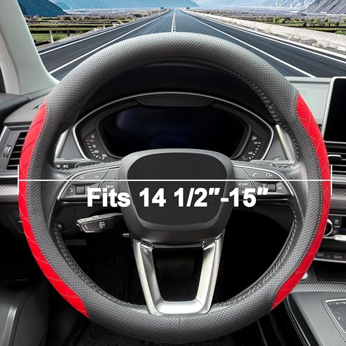 LKWLIKEI Nappa Leather Steering Wheel Cover, Elegant Diamond Checkered Design, Non-Slip wear-Resistant, Enhance Driving Comfort, Suitable for Steering Wheel Diameter 14 1/2‘-15’ Models .Black Red