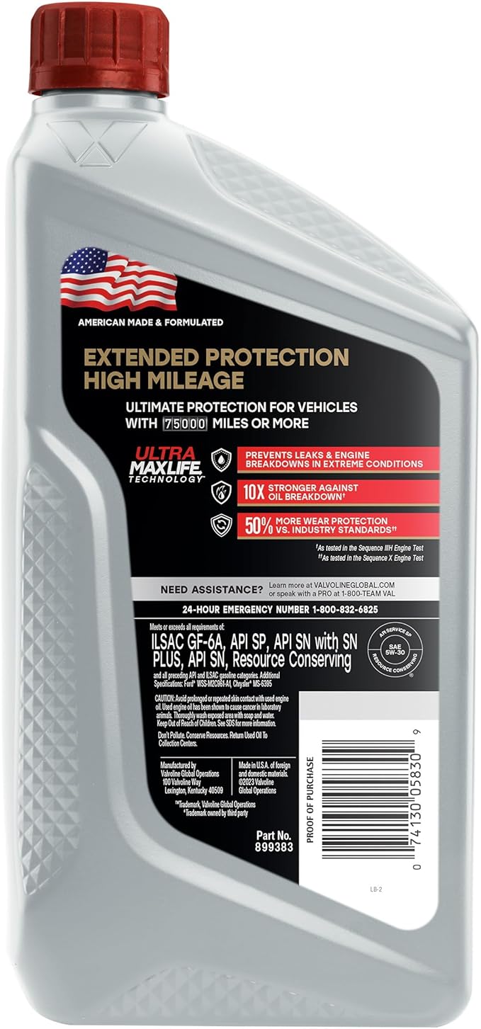 Valvoline Extended Protection High Mileage with Ultra MaxLife Technology 5W-30 Full Synthetic Motor Oil 1 QT, Case of 6