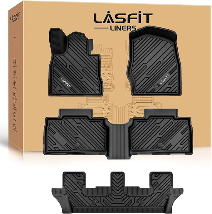 LASFIT Floor Mats for Ford Explorer 2020-2025 7 Passenger TPE All Weather Protector Anti-Slip Floor Liners, 2025 2024 2023 2022 2021 2020 Explorer 7 Seats Accessories, 1st& 2nd& 3rd Row, 4pcs Black