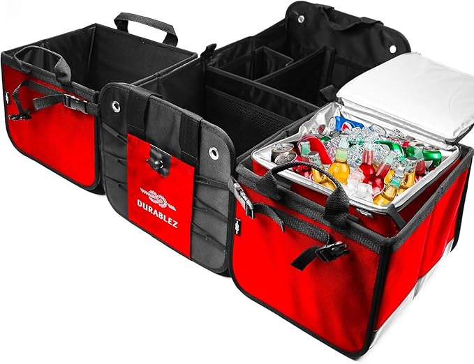 XXL+Cooler Car Trunk Organizer for SUV - Trunk Storage - Modular Configurable Detachable Collapsible - Minivan Truck Sedan Van, Red