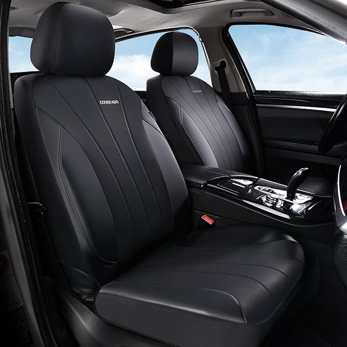 Coverado Car Seat Covers Front Seats, Automotive Seat Covers 2 Pack, Leather Car Seat Covers, Airbag-Compatible, Spill-Proof Design, Black Seat Covers for SUV Sedan Truck