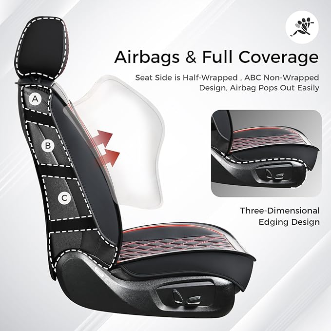 Huidasource Car Seat Covers for Front Seat, Car Seat Cushion Waterproof, Full-Cover Faux Leather Car Seat Cover Protector Universal Fit for Most Cars,Vans,Trucks, SUVs (Front Pair/Black&Red)