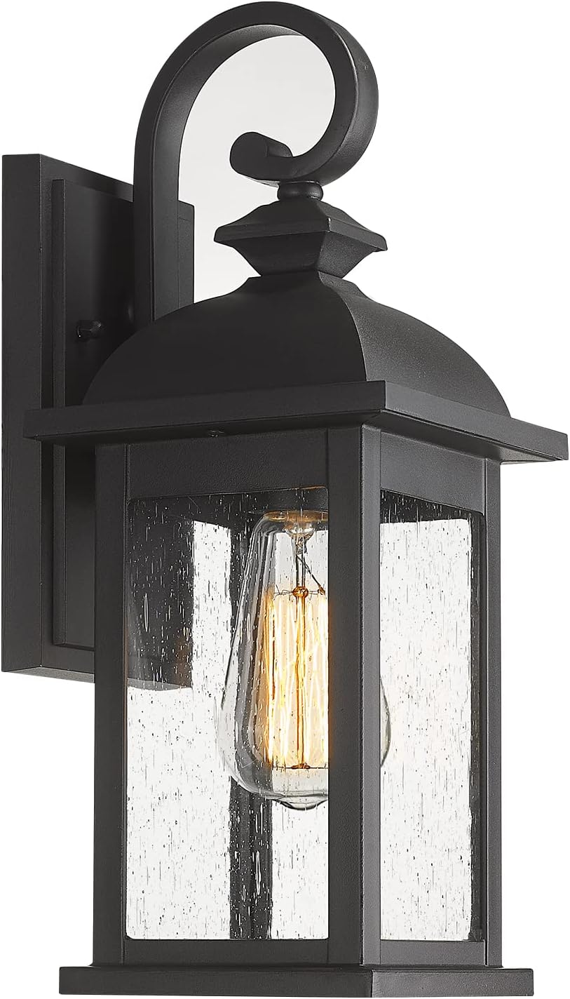 FEMILA Outdoor Wall Sconce, 14.9" Matte Black Seeded Glass Outdoor Sconce Lights, Front Porch Light Fixtures Wall Mount, Garage Lights for Patio, Entryway, Garden, E26 Base, 4FD54B BK