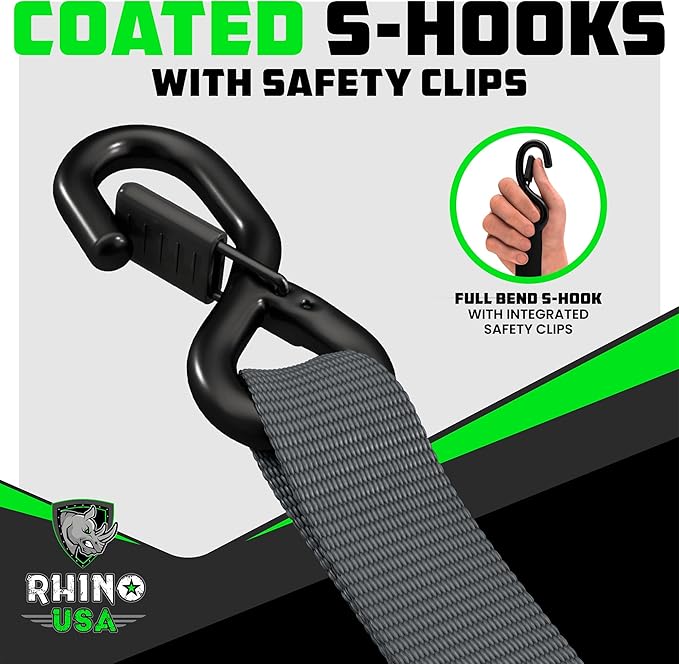 Rhino USA Ratchet Straps Heavy Duty Kit (2-Pack) - 1.6 Inch x 8 Feet Min Break Strength (5,000) - Ultimate Tie Down Straps with Safety S Hooks for Trucks, ATV, UTV, Motorcycle, Cargo & More - Blue