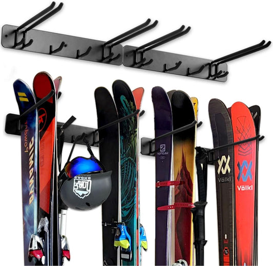 Wall Mount Ski Storage Rack,Garage Snowboard Storage Organizer 8 Pairs Metal Hooks Indoor Outdoor System Organization