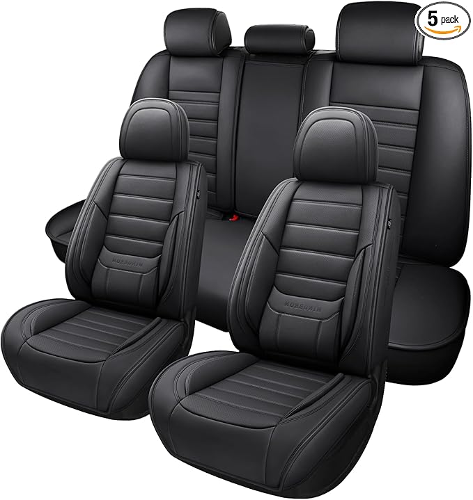 Black Car Seat Cover with Lumbar Support, Car Seat Protector Waterproof, Nappa Leather Car Seat Cushion, Car Seat Covers Front Seats and Back Fit for Most Cars