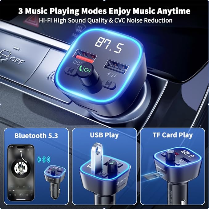SONRU Bluetooth 5.3 FM Transmitter, Wireless Radio Adapter Car Kit, Audio Receiver Car Charger, Wireless FM Radio Transmitter, Hands-Free Calling and 2 USB Ports Charger, HiFi Treble & Bass Player