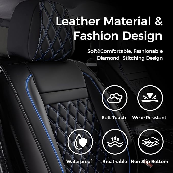 Huidasource Car Seat Covers, Truck Seat Covers 5 Seats Side Open Design Airbag Pops Out, Full-Cover Leather Seat Covers Waterproof, Universal Fit for Most Cars,Vans,Trucks,SUVs (Full Set/Black&Blue)