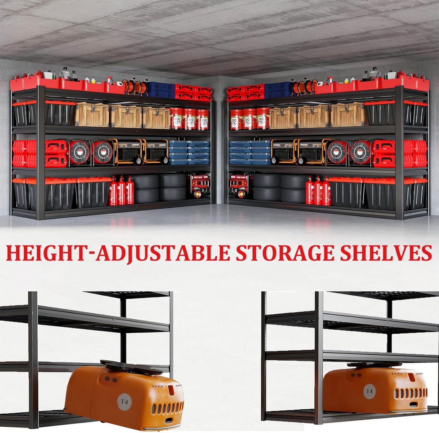 68" W Garage Shelving Unit, 68" W x 24" D x 68" H, Heavy Duty Garage Storage Shelves, 4 Tier Storage Rack Shelf, Industrial Adjustable Shelves for Basement Warehouse
