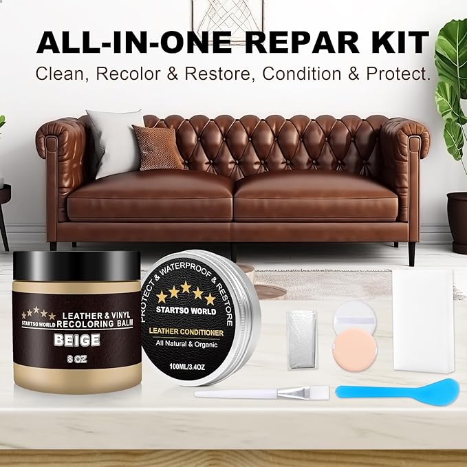 STARTSO WORLD 200Ml Leather Recoloring Balm with 100ML Leather Conditioner, Beige Leather Repair Kit for Furniture, Leather Dye, Leather Scratch Repair, Leather Couch Paint