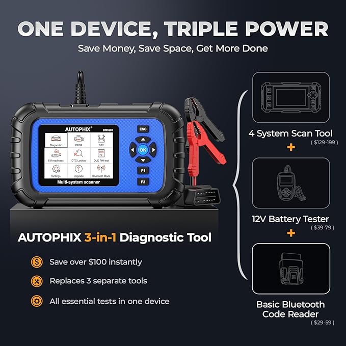 AUTOPHIX DM5900 OBD2 Scanner Diagnostic Tool Car Scanner for Engine Transmission ABS SRS, 12V Battery Tester, Diagnostic Scan Tool for ABS Airbag, Check Engine Code Reader with Lifetime Free Updates