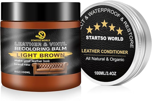 STARTSO WORLD 200Ml Leather Recoloring Balm with 100ML Leather Conditioner, Light Brown Leather Repair Kit for Furniture, Leather Dye, Leather Scratch Repair, Leather Couch Paint