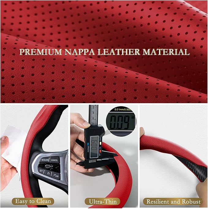Aimato Nappa Leather Steering Wheel Cover, Ultra-Thin Car Steering Wheel Cover,Comfortable & Breathable Microfiber,Universal Fit for Most Cars, Red