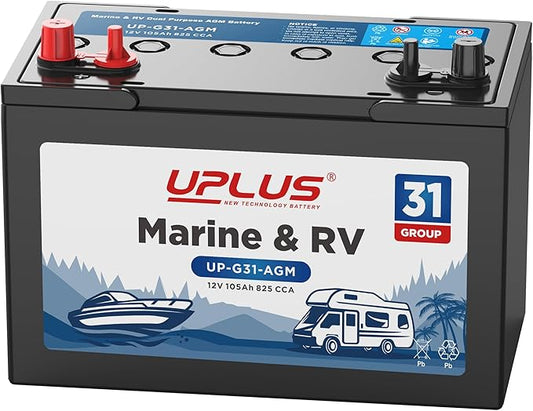 UPLUS BCI Group 31M Dual Purpose Marine Battery, 12V 105Ah 825CCA AGM Starting and Deep Cycle RV & Boat's Batteries for Navigation Devices, Lights and Engines etc.