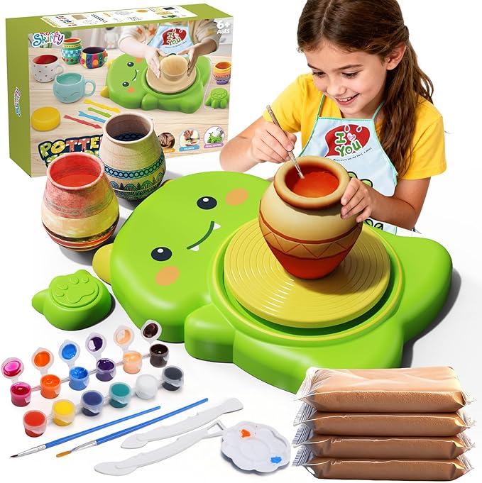 Skirfy Mini Pottery Wheel Kit for Beginners Kids,Electric Ceramic Wheel with Foot Pedal&Painting Kit, Adjustable Speed,Clay Spinner DIY Tools for Art Craft Birthday (Green Dinosaur)