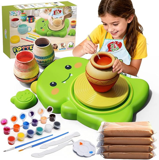 Skirfy Mini Pottery Wheel Kit for Beginners Kids,Electric Ceramic Wheel with Foot Pedal&Painting Kit, Adjustable Speed,Clay Spinner DIY Tools for Art Craft Birthday (Green Dinosaur)