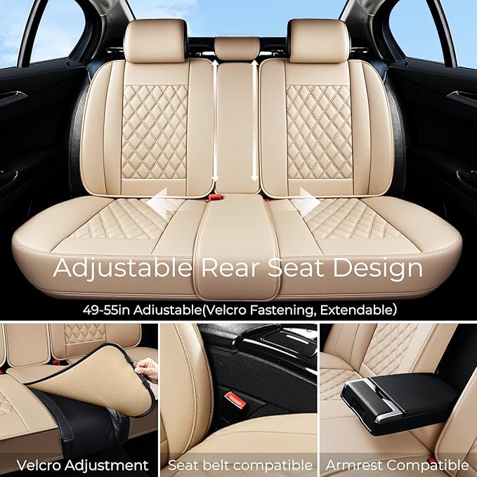 Huidasource Beige Seat Covers Full Set, Nappa Leather Seat Cover Hollow Design Airbag Pops, Front ＆ Back Seat, 5 Layers Seat Covers for Most Cars, Vans, Trucks, SUVs Universal Fit (Full Set/Beige)