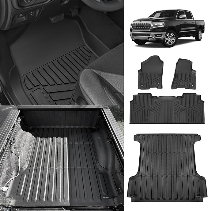 TripleAliners Truck Bed Mat & Floor Mats Front Rear Full Set Compatible with 2019-2025 RAM 1500 Accessories All Weather TPE Liners Carpets Mat Custom Fit (Truck Bed Mat+Floor Mats)