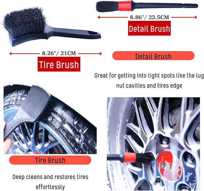 Professional 4 Pack Long Handle Wheel Brush Kit for Cleaning Wheel and Tire- 2X Soft Wheel Cleaning Brush, Detailing Brush and Stiff Tire Brush, Bendable& Durable Wheel Rim Cleaner Brush Set