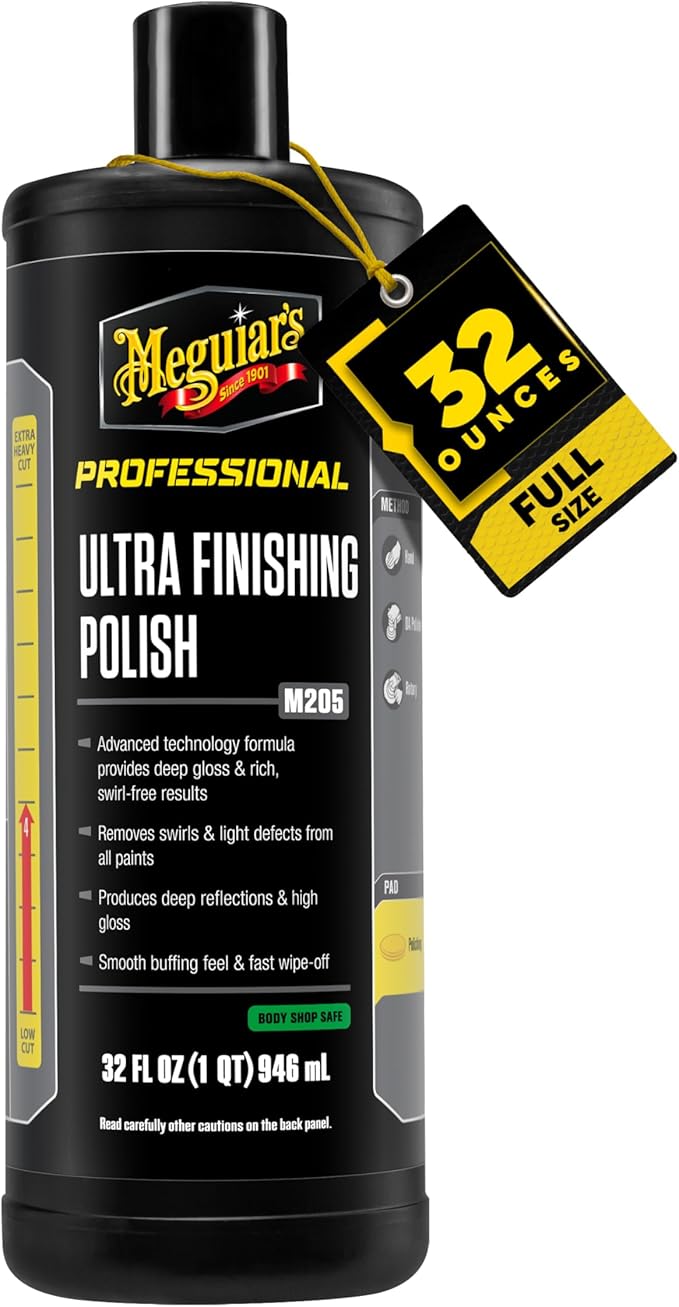 Meguiar's M205 Mirror Glaze Ultra Finishing Polish, Easy-to-Use Formula for Impeccable Shine, Multiple Ways to Apply Mirror Glaze, Removes Defects and Swirls for a High Gloss, 32 Oz Container