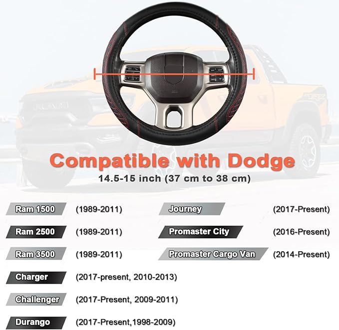 West Llama Customized Auto Car Steering Wheel Cover for Dodge 1989-2011 RAM 1500 2500 3500, Charger, Durango, Challenger (Diamond Quilted-Black+Red-Standard Size)