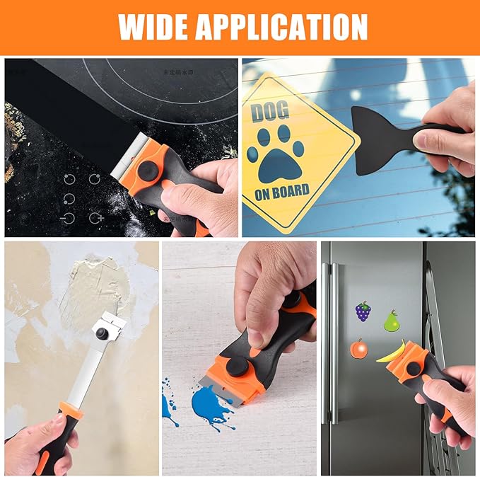 4 Pack Razor Blade Scraper, Premium Cleaning Scraper Tool with 50 PCS Metal & Plastic Razor Blades, Multi-Purpose Glass Scraper for Windows, Sticker, Decals, Cooktop, Paint Removal (Orange)