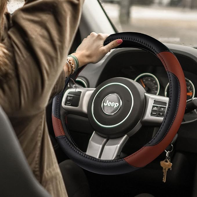 Leather Car Steering Wheel Cover, Non-Slip Car Wheel Cover Protector Breathable Microfiber Leather Universal Fit for Most Cars(Brown)