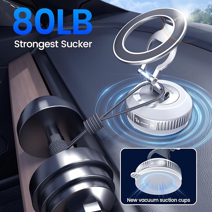 Tri-Folding Car Phone Holder for Magsafe[80+LBs Strongest Suction & 2850gf Strongest Magnetic], 360°Adjustable Phone Holders for Car, Suction Cup Phone Mount for iPhone17 Pro Max/16/15/14Series，Silver