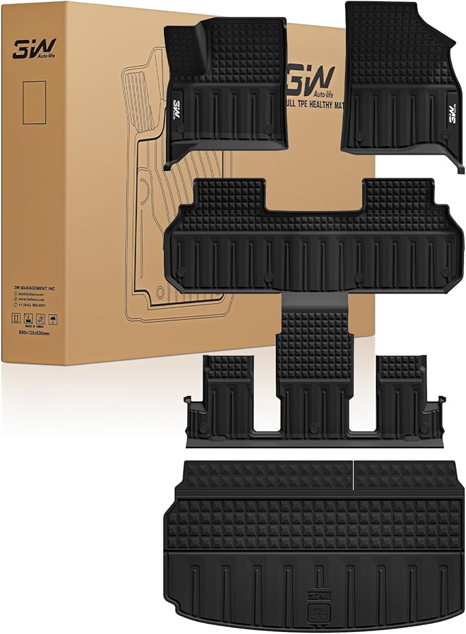 3W Floor Mats & Cargo Liner for Chevrolet Chevy Traverse 2024-2026 (Only 7 Seats) & GMC Acadia 2024-2026 (Only 7 Seats) & Buick Enclave 2025-2026, All Weather TPE Custom Fit Floor Liners