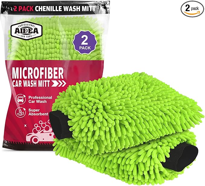 AIDEA Car Wash Mitt Microfiber, 2PK-Scratch-Free& Lint-Free, Premium Chenille Microfiber Wash Mitt-Green Extra Large Size (8''X12'')
