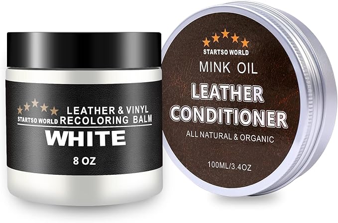 STARTSO WORLD Mink Oil Leather Recoloring Balm & Conditioner Kit - Repairs & Dyes White Leather for Couches, Sofas, Shoes & Vinyl