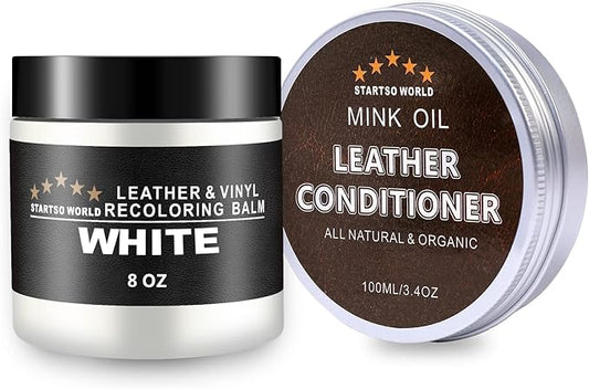 STARTSO WORLD Mink Oil Leather Recoloring Balm & Conditioner Kit - Repairs & Dyes White Leather for Couches, Sofas, Shoes & Vinyl
