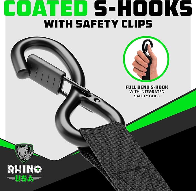 Rhino USA Ratchet Straps Tie Downs (4-Pack) - 1 Inch x 15 Feet (1,823lb Break Strength) - Ultimate Tie Down Straps with Safety S Hooks - for Trucks, Cargo, Moving, Appliances - Black