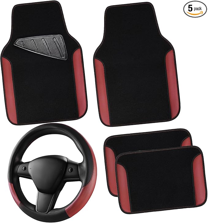 CAR PASS Faux Leather Steering Wheel Cover and Waterproof Car Floor Mats, Universal Car Combo Fit for 95% Sedan,SUV,Cars, 14.5-15inch Sporty Anti-Slip Safety Comfortable Design Burgundy