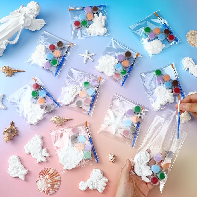 Simgoing 20 Set Dinosaur Unicorn Mermaid Donut Jungle Animal DIY Painting Kit Pumpkin Snowman Ceramic Paint Your Own Figurines Unpainted Plaster Craft for Party Favor(Mermaid)