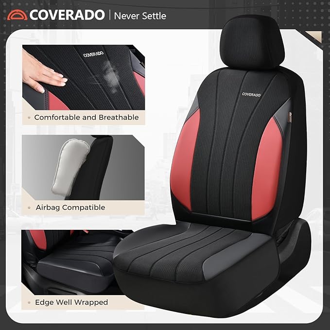 Coverado Seat Covers 2-Pack, Waterproof Car Seat Covers, PU Leather & Breathable Mesh Seat Protectors, 2 Seats Automotive Seat Covers, Universal Fit for SUVs, Trucks, Sedans