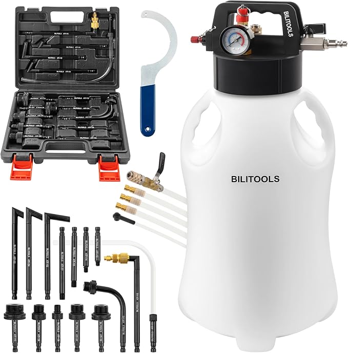 BILITOOLS Transmission Fluid Transfer Pump Air Operated, 8L (2.1 Gallons) Automatic Pneumatic Vacuum Oil Fluid Extractor Dispenser ATF Refill Kit with 15 ATF Adapters