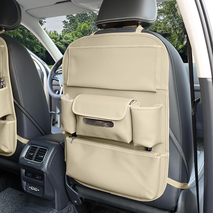Car Seat Organizers Waterproof Backseat Protector with Storage Pocket Large Leather Kick Mats for Kids Pets Automobile SUV Truck (Beige, Large Pocket)