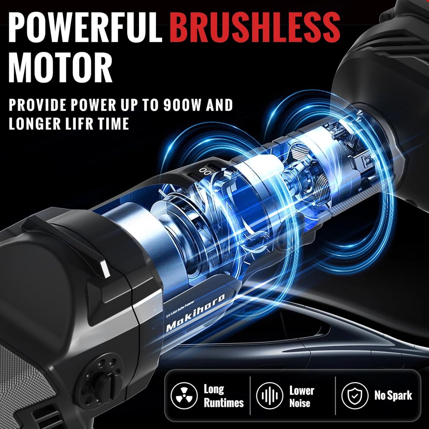 Cordless Buffer Polisher, 5 Inch Random Orbital Car Polisher Waxer, 6 Variable Speed 1000-5200 RPM, 21V 3.0Ah Batteries , 28Pcs Polishing Kit,for Car Polishing, Waxing, Boat Sanding, Scratch Removing