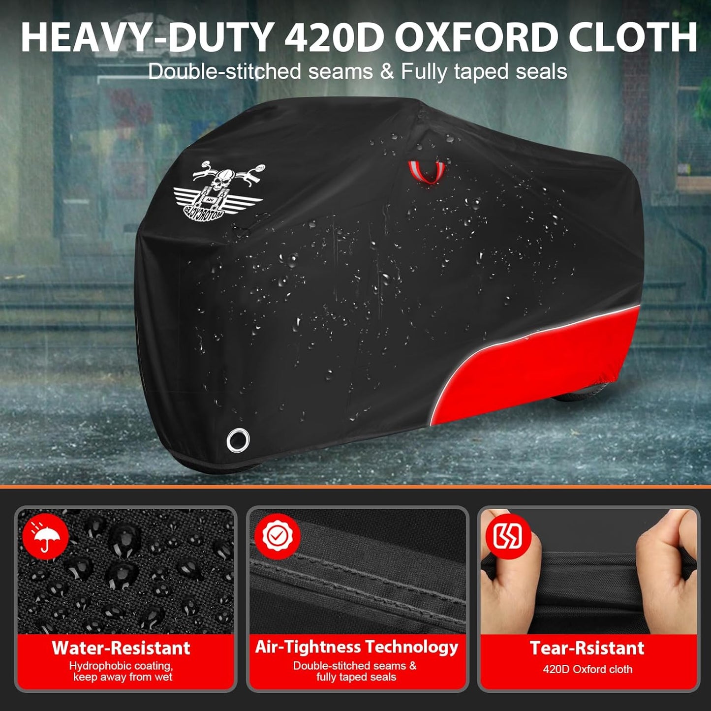 Motorcycle Cover Waterproof Outdoor Storage with Lock-Holes, Storage Bag & Night Reflective Design, Heavy Duty Protection Powersports Vehicle Covers Fits up to 96.5"-116" (420D Red, 96.5")