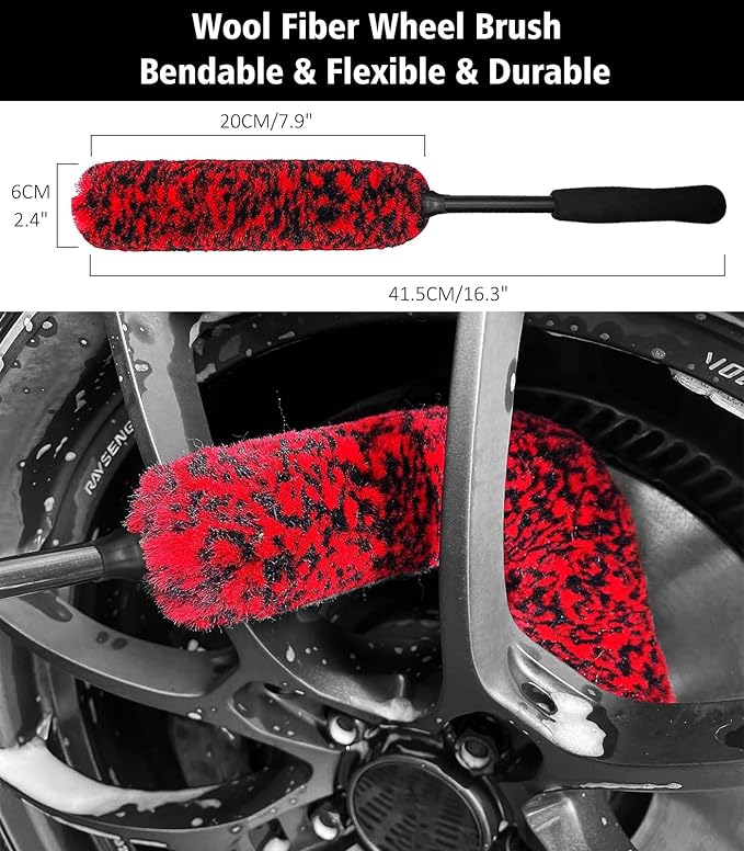 YeewayVeh 2PCS Microfiber Wheel Brush & Bendable Rim Cleaner Brush, 16 inch Long Handle Wheel Cleaning Kit for Car Tire Fenders Exhaust Tips, Red&White