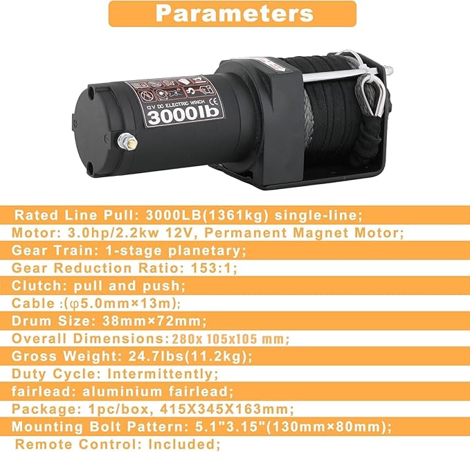 3000LBS Electric Winchs Synthetic Rope Electric Winch 12V for Towing ATV/UTV Off Road with Mounting Bracket Wireless Remote, Black