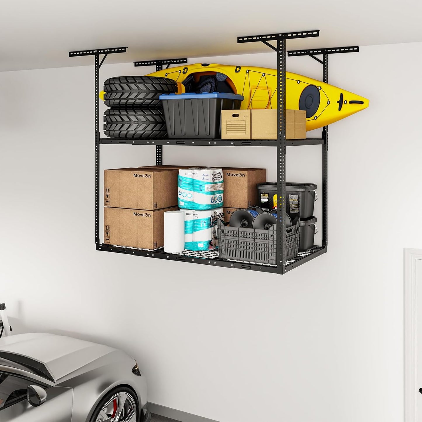 FLEXIMOUNTS 3x6 2-Tier Overhead Garage Storage Rack – Adjustable Heavy Duty Metal Garage Ceiling Storage Racks, 880 lbs Capacity – Garages Organization System for 10–15 ft Tall Garages, Black