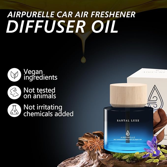 Car Air Freshener for Men & Women – Long-Lasting Spicy Sandalwood Essential Oil Diffuser for Car Cup Holder – 50ML (1.7 FL OZ) Car Scent Diffuser, Inspired by Perfume – Made in USA