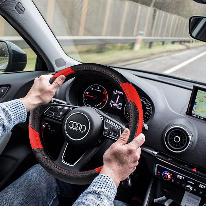 Leather Car Steering Wheel Cover, Non-Slip Car Wheel Cover Protector Breathable Microfiber Leather Universal Fit for Most Cars (Black & Red)